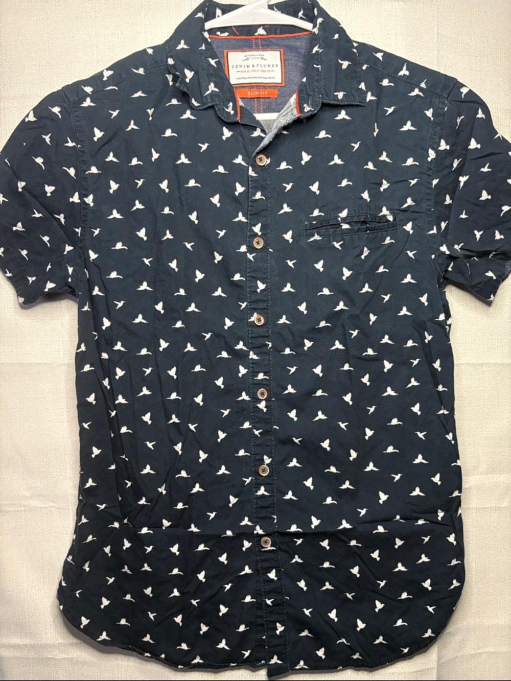 Denim & Flower Navy Short-Sleeve Button-Up Shirt with White Bird Print #4